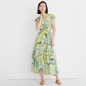 Banjanan Madewell Mercy Midi Dress Wrap Cotton Ruffle Women’s Yellow Tropical XL